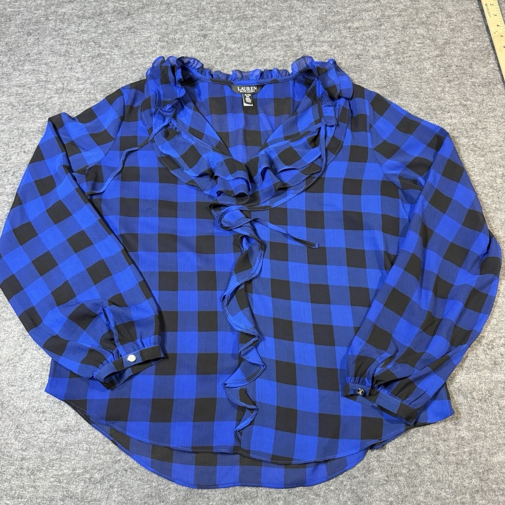 Lauren Ralph Lauren Buffalo Check Ruffled Georgette Blouse Top Womens XL Boho